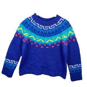 Vintage 90s Express Wool Fair Isle Chunky Sweater Size Large Blue Pink Ski Snow